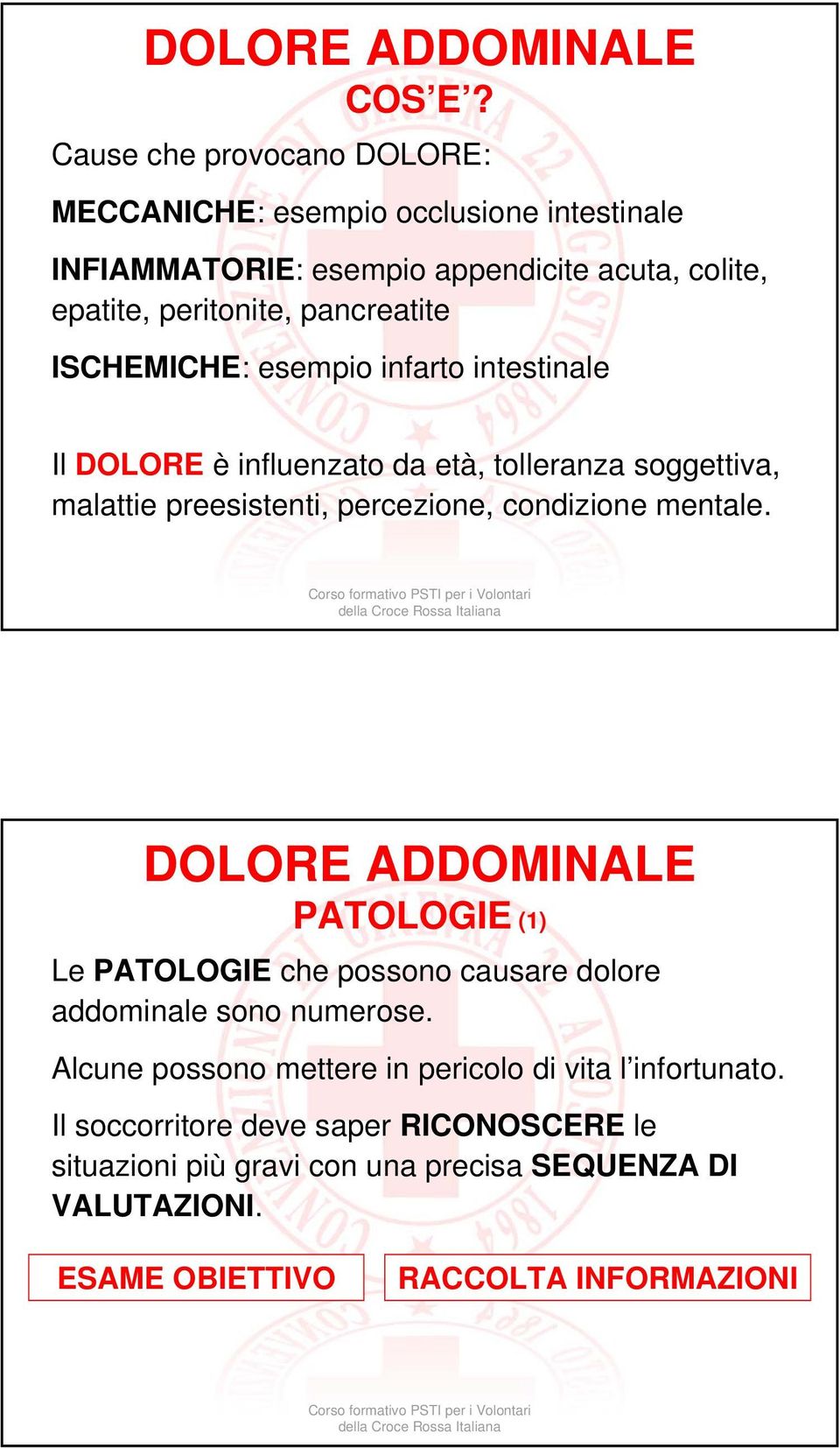 ISCHEMICHE: esempio infarto intestinale Il DOLORE è influenzato da età, tolleranza soggettiva, malattie preesistenti, percezione, condizione mentale.