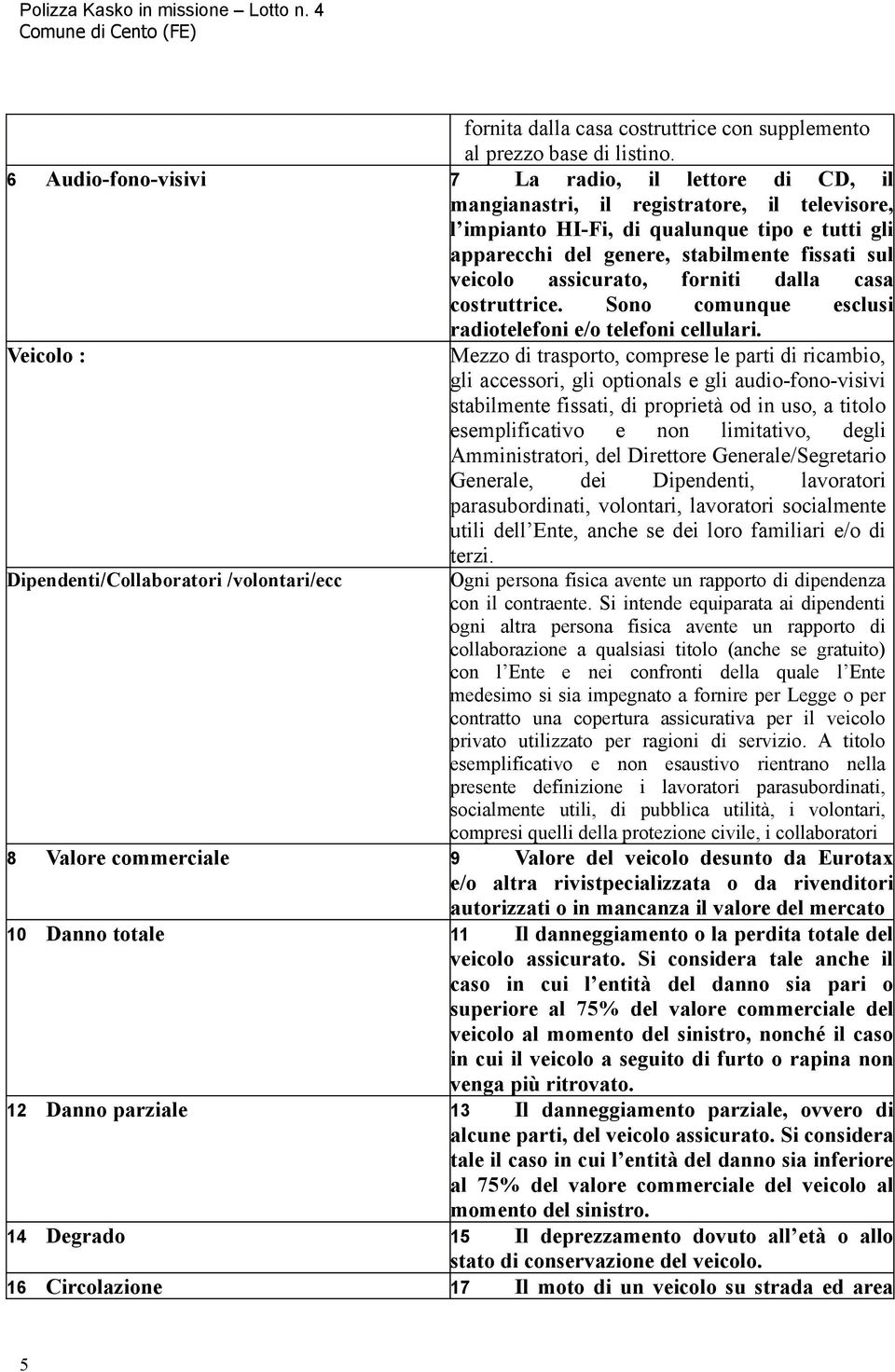 veicolo assicurato, forniti dalla casa costruttrice. Sono comunque esclusi radiotelefoni e/o telefoni cellulari.