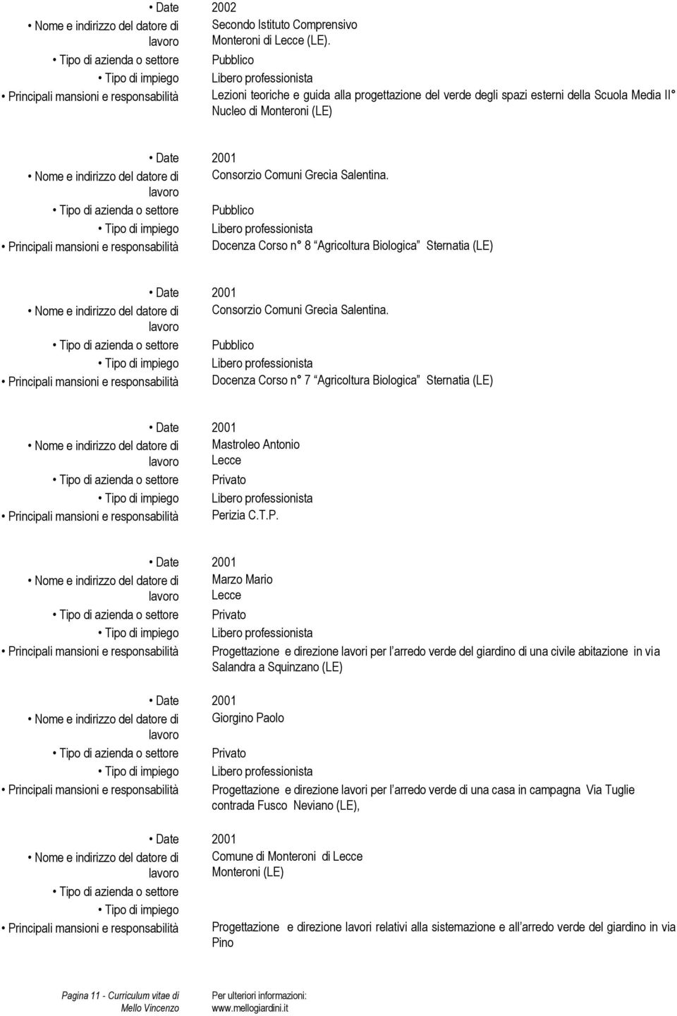 Salentina. Principali mansioni e responsabilità Docenza Corso n 8 Agricoltura Biologica Sternatia (LE) Date 2001 Consorzio Comuni Grecìa Salentina.