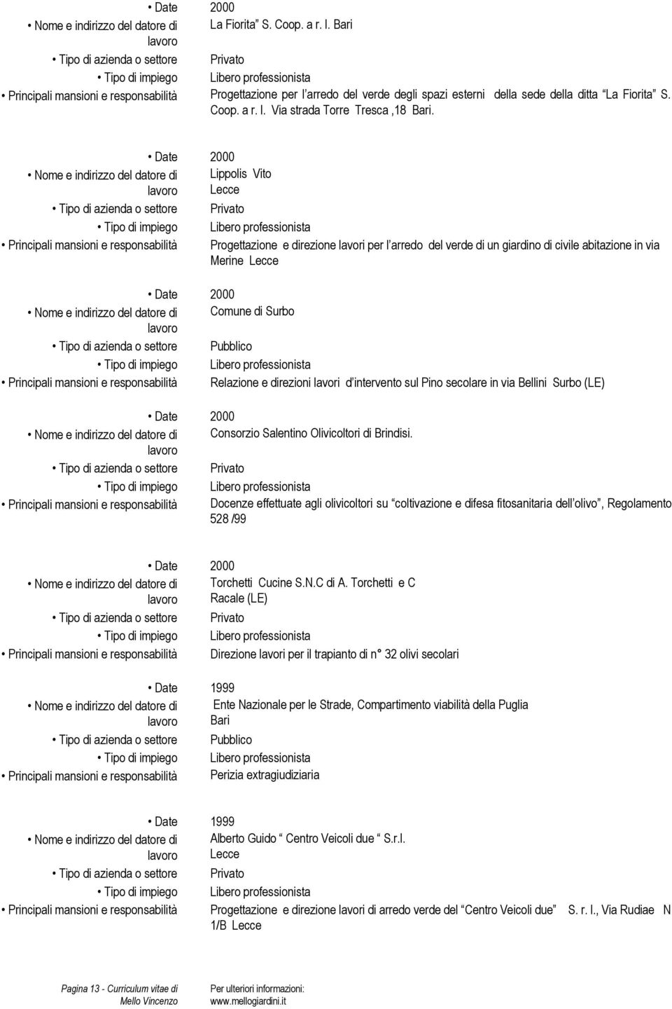 Principali mansioni e responsabilità Relazione e direzioni lavori d intervento sul Pino secolare in via Bellini Surbo (LE) Date 2000 Consorzio Salentino Olivicoltori di Brindisi.