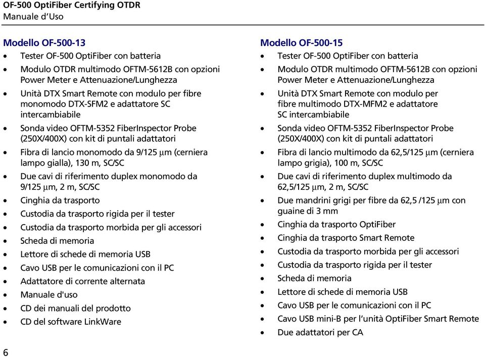 (cerniera lampo gialla), 130 m, SC/SC Due cavi di riferimento duplex monomodo da 9/125 µm, 2 m, SC/SC Cinghia da trasporto Custodia da trasporto rigida per il tester Custodia da trasporto morbida per