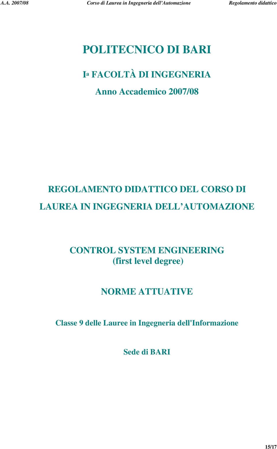 AUTOMAZIONE CONTROL SYSTEM ENGINEERING (first level degree) NORME