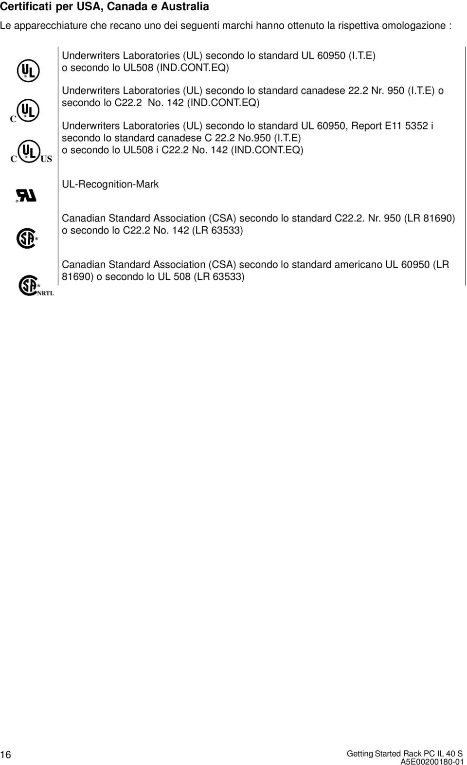 2 No.950 (I.T.E) o secondo lo UL508 i C22.2 No. 142 (IND.CONT.EQ) UL-Recognition-Mark Canadian Standard Association (CSA) secondo lo standard C22.2. Nr. 950 (LR 81690) o secondo lo C22.2 No. 142 (LR 63533) NRTL Canadian Standard Association (CSA) secondo lo standard americano UL 60950 (LR 81690) o secondo lo UL 508 (LR 63533) 16 Getting Started Rack PC IL 40 S