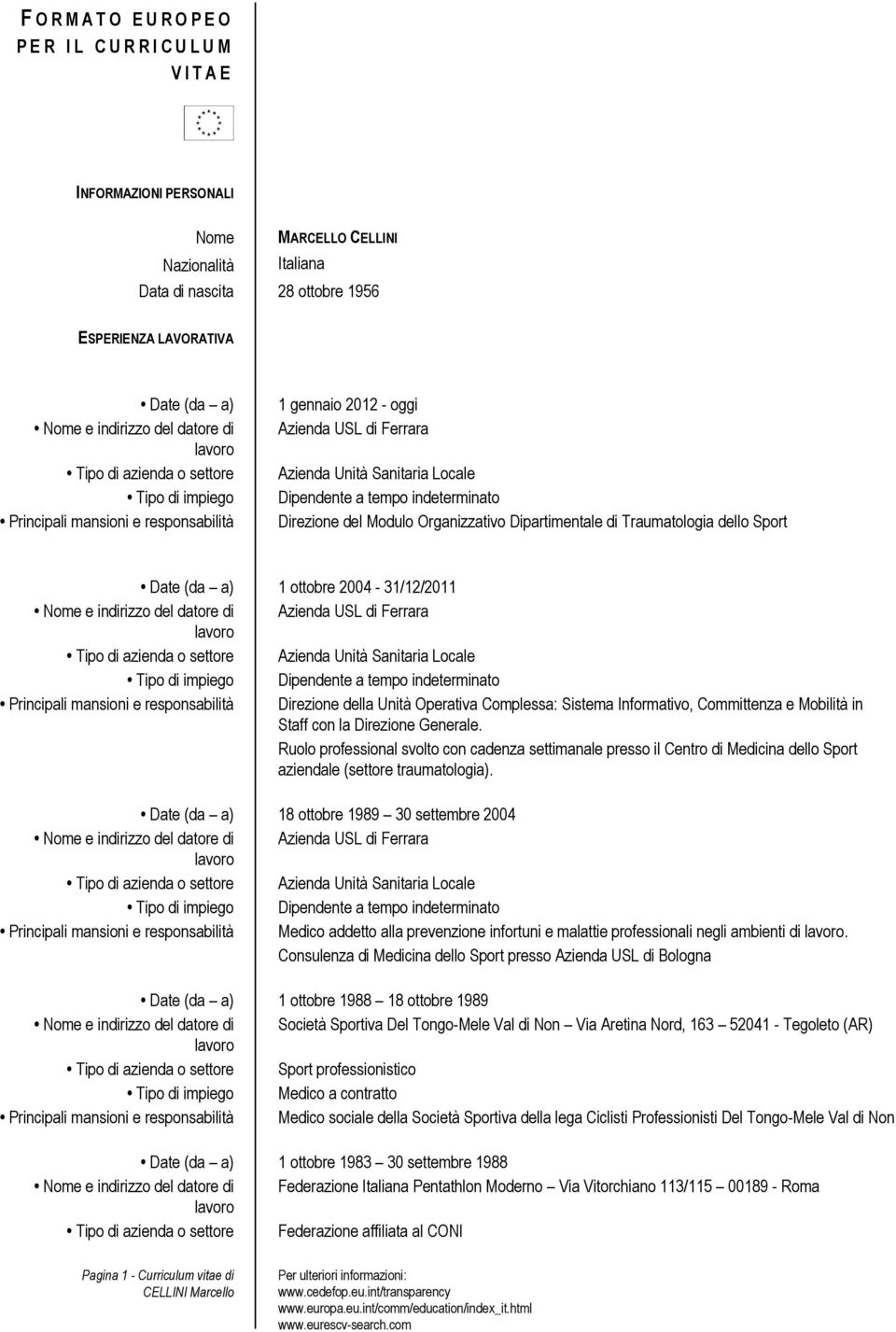 Direzione del Modulo Organizzativo Dipartimentale di Traumatologia dello Sport Date (da a) 1 ottobre 2004-31/12/2011 Nome e indirizzo del datore di Azienda USL di Ferrara Tipo di azienda o settore