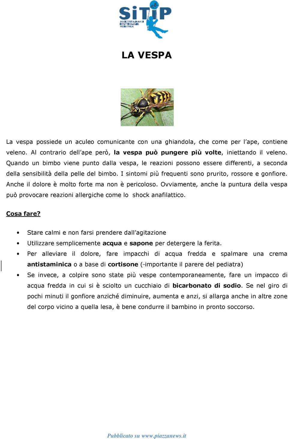 Anche il dolore è molto forte ma non è pericoloso. Ovviamente, anche la puntura della vespa può provocare reazioni allergiche come lo shock anafilattico.