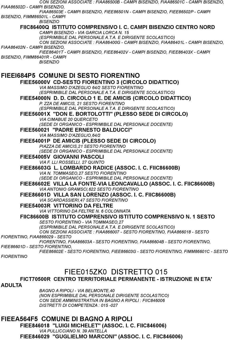 15 CON SEZIONI ASSOCIATE : FIAA86400G - CAMPI BISENZIO, FIAA86401L - CAMPI BISENZIO, FIAA86402N - CAMPI BISENZIO, FIEE86401T - CAMPI BISENZIO, FIEE86402V - CAMPI BISENZIO, FIEE86403X - CAMPI