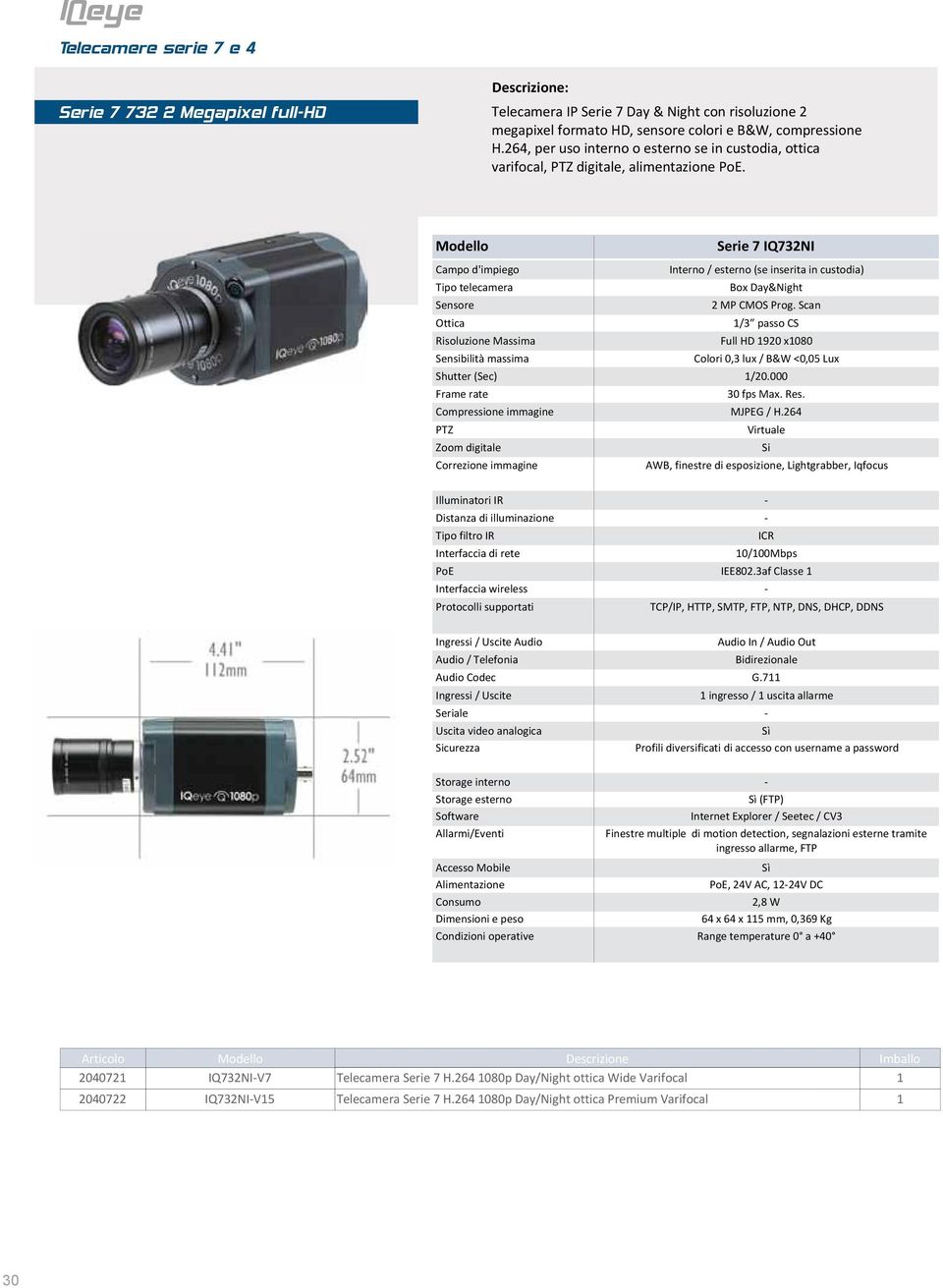 Serie 7 IQ732NI Campo d'impiego Interno / esterno (se inserita in custodia) Tipo telecamera Box Day&Night Sensore 2 MP CMOS Prog.