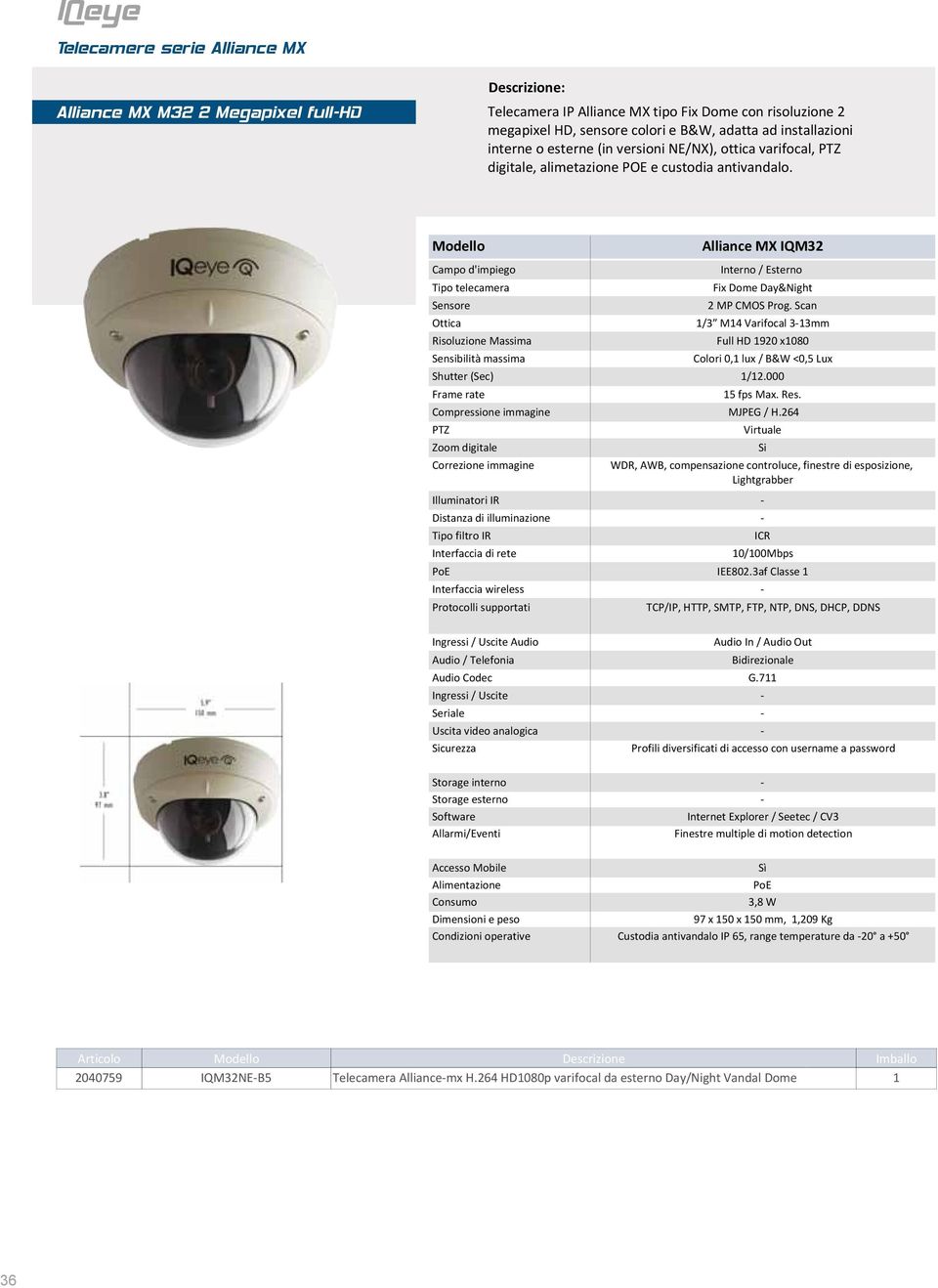 Alliance MX IQM32 Campo d'impiego Tipo telecamera Sensore Ottica Risoluzione Massima Sensibilità massima Interno / Esterno Fix Dome Day&Night 2 MP CMOS Prog.