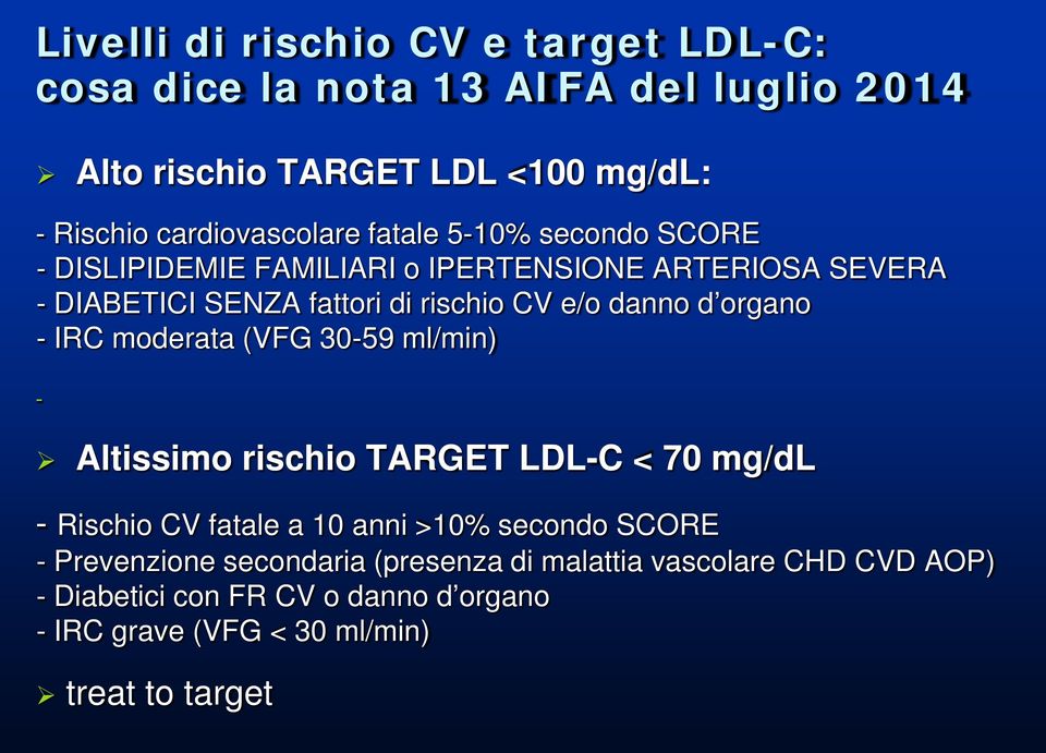 organo - IRC moderata (VFG 30-59 ml/min) - Altissimo rischio TARGET LDL-C < 70 mg/dl - Rischio CV fatale a 10 anni >10% secondo SCORE -