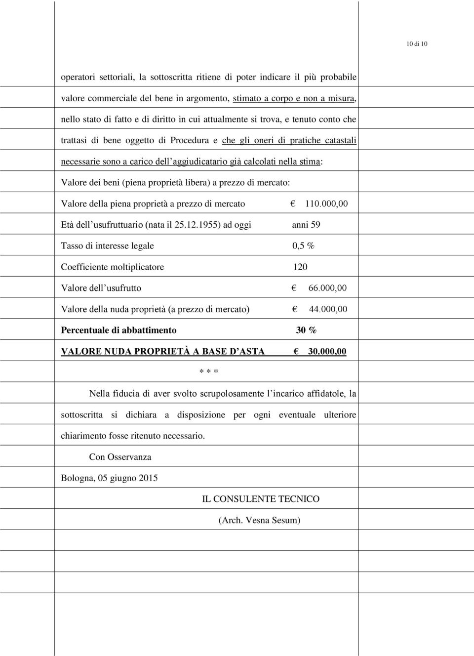 libera) a prezz di mercat: Valre della piena prprietà a prezz di mercat 110.000,00 Età dell usufruttuari (nata il 25.12.