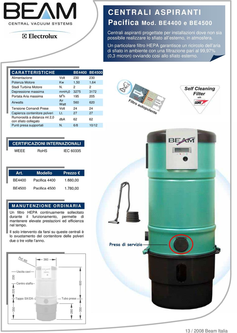 CARATTERISTICHE BE4400 BE4500 Alimentazione Volt 230 230 Potenza Motore Kw 1,50 1,64 Stadi Turbina Motore N.