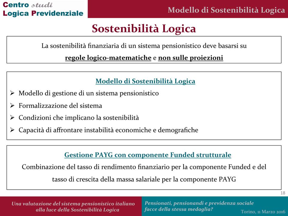 del sistema Ø Condizioni che implicano la sostenibilità Ø Capacità di affrontare instabilità economiche e demografiche Gestione PAYG con componente