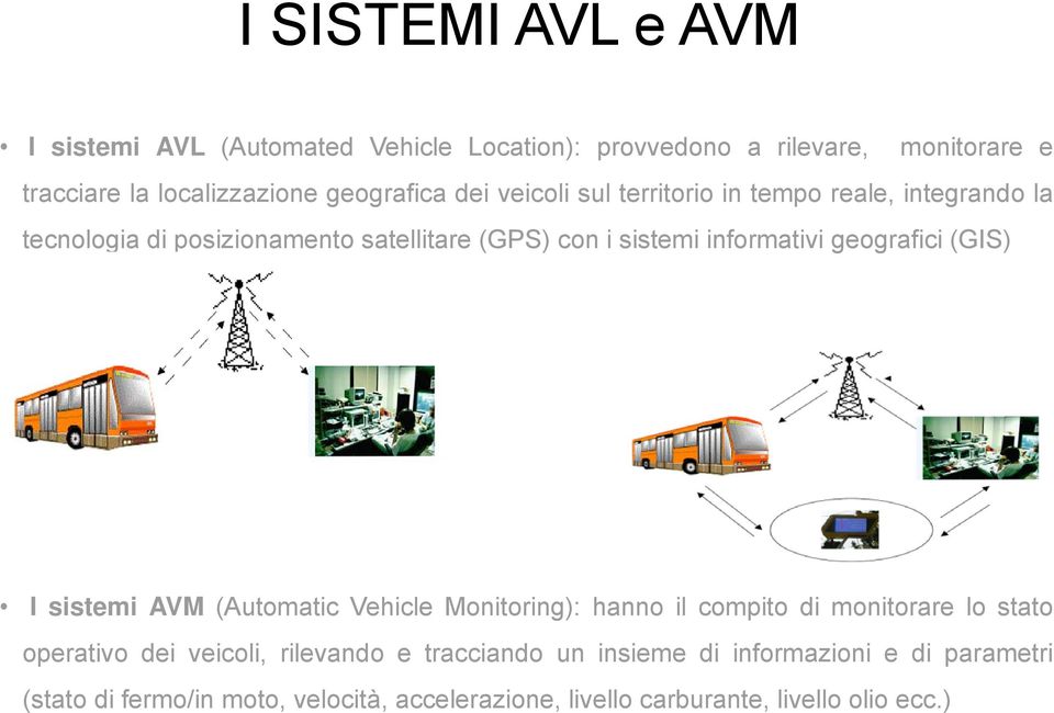 informativi geografici (GIS) IsistemiAVM(Automatic Vehicle Monitoring): hanno il compito di monitorare lo stato operativo dei veicoli,