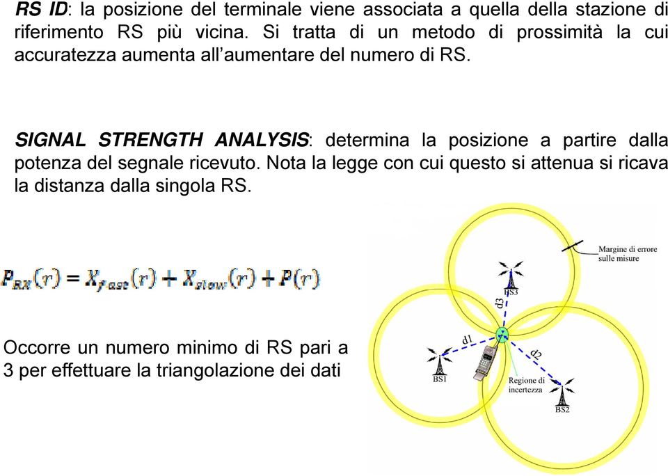 SIGNAL STRENGTH ANALYSIS: determina la posizione a partire dalla potenza del segnale ricevuto.