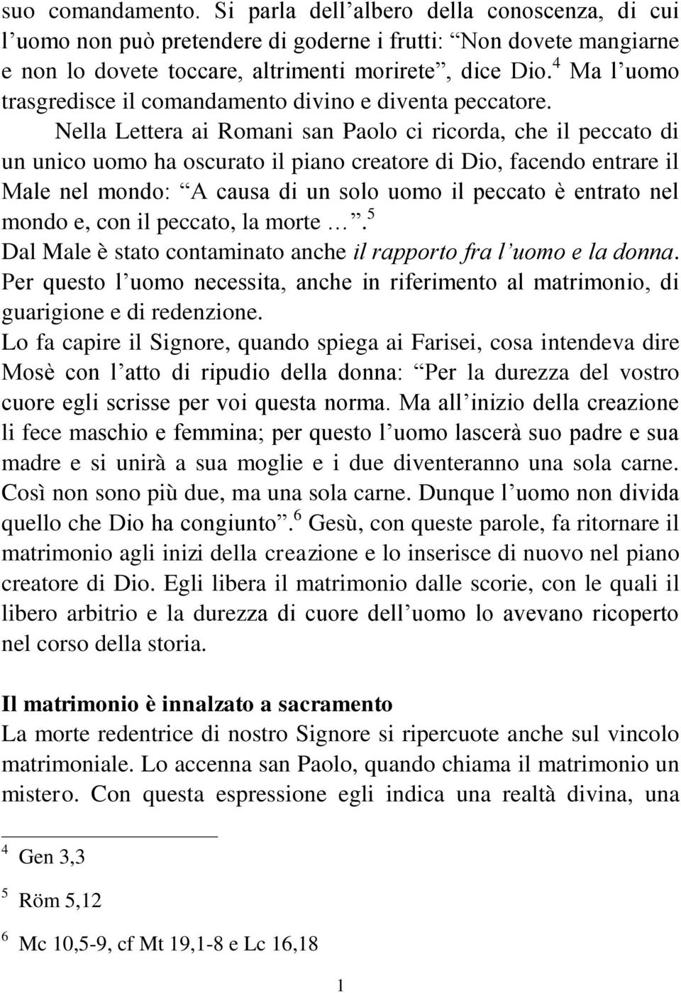 Nella Lettera ai Romani san Paolo ci ricorda, che il peccato di un unico uomo ha oscurato il piano creatore di Dio, facendo entrare il Male nel mondo: A causa di un solo uomo il peccato è entrato nel