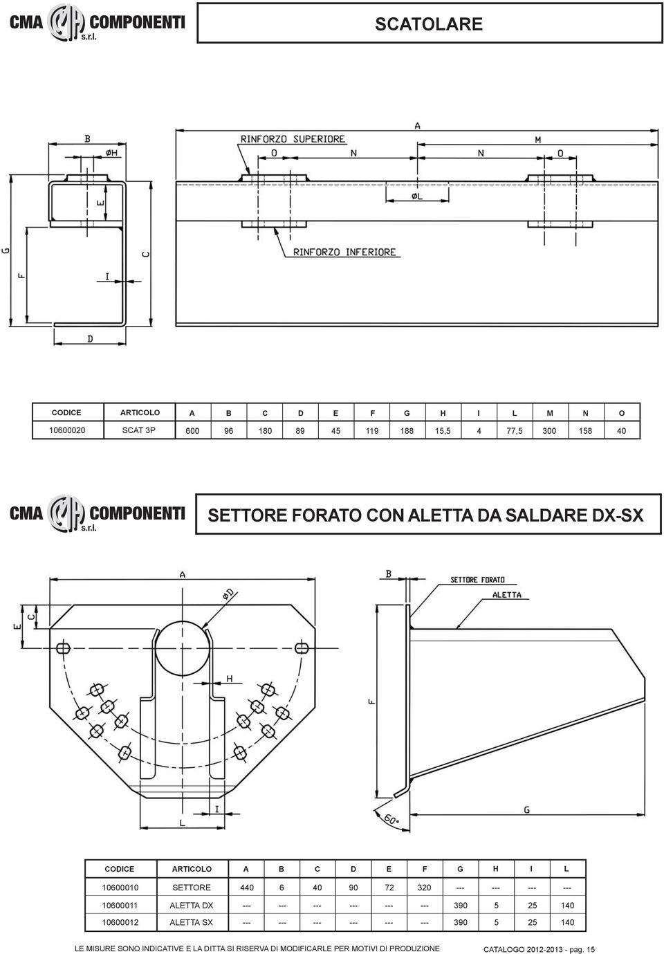 SETTORE FORATO CON ALETTA DA SALDARE DX-SX CODICE ARTICOLO A B C D E F G H I