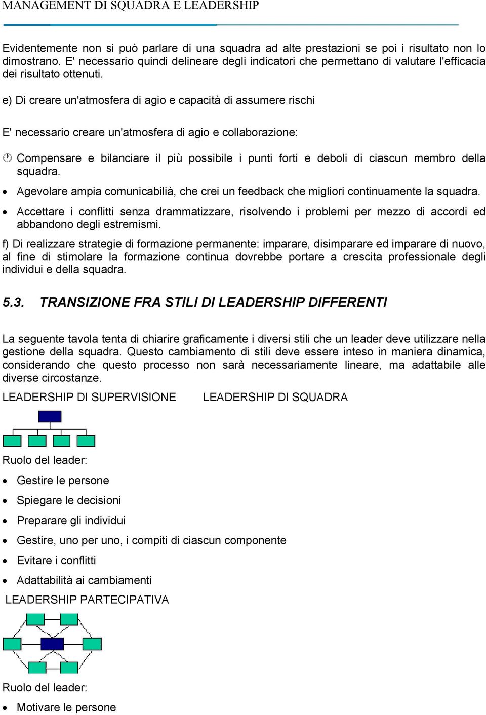 e) Di creare un'atmosfera di agio e capacità di assumere rischi E' necessario creare un'atmosfera di agio e collaborazione: Compensare e bilanciare il più possibile i punti forti e deboli di ciascun