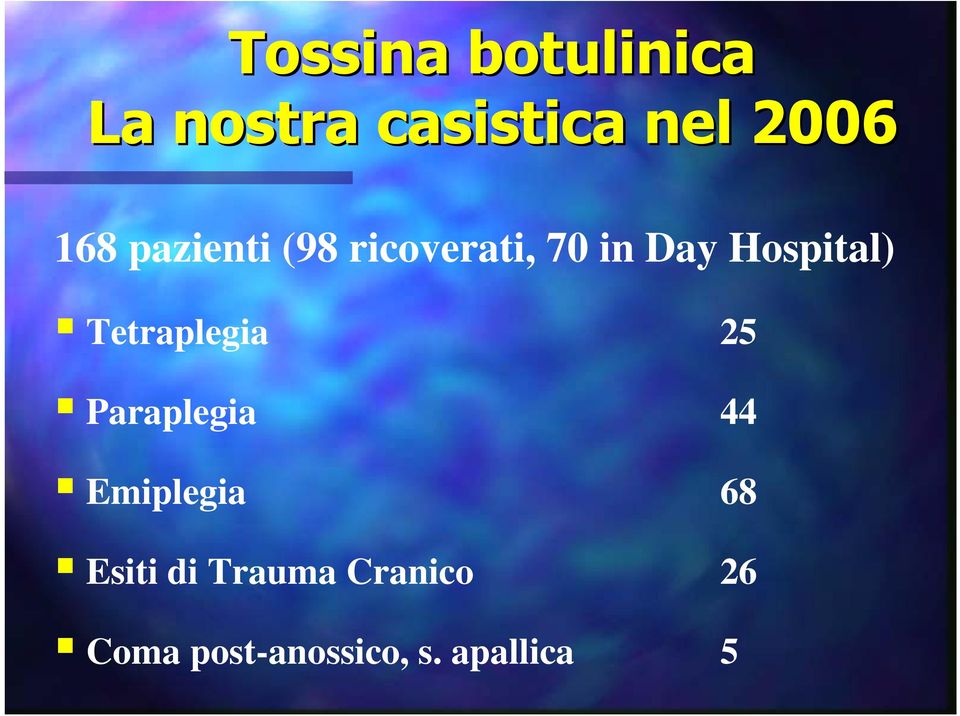 Tetraplegia 25 Paraplegia 44 Emiplegia 68 Esiti