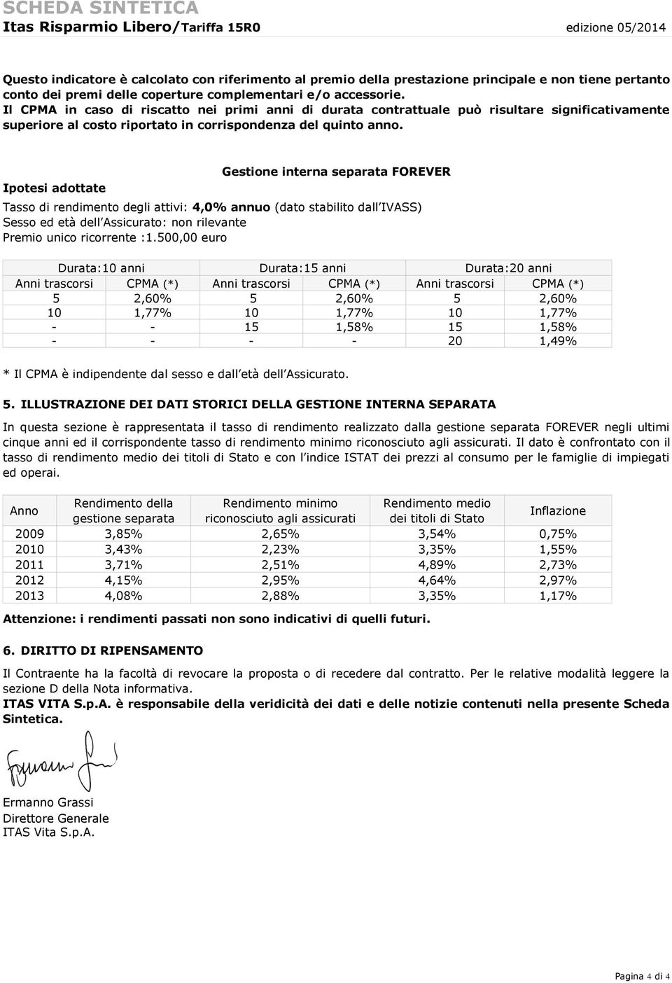 Ipotesi adottate Gestione interna separata FOREVER Tasso di rendimento degli attivi: 4,0% annuo (dato stabilito dall IVASS) Sesso ed età dell Assicurato: non rilevante Premio unico ricorrente :1.