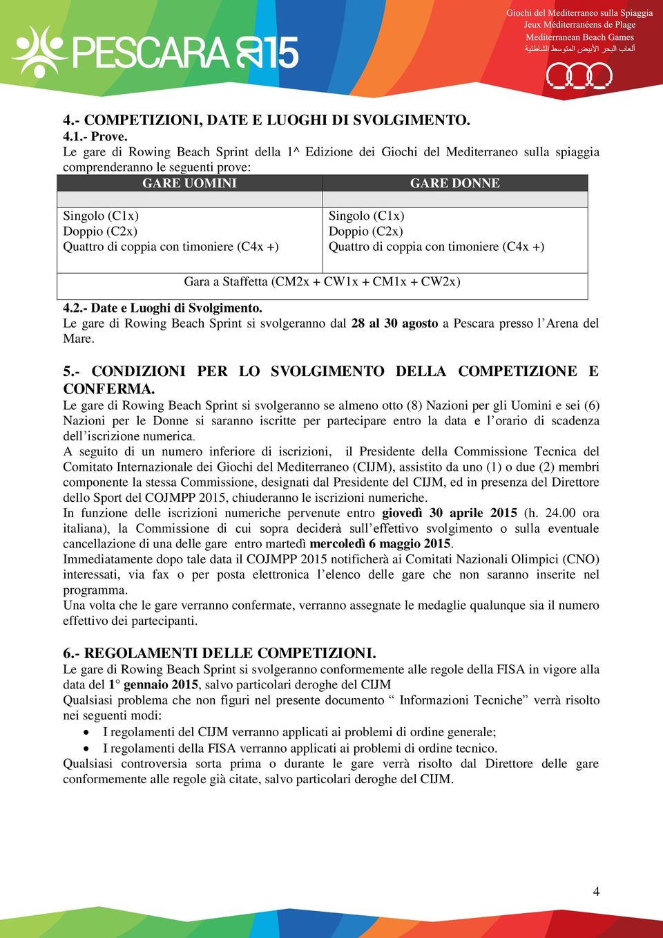 timoniere (C4x +) Singolo (C1x) Doppio (C2x) Quattro di coppia con timoniere (C4x +) Gara a Staffetta (CM2x + CW1x + CM1x + CW2x) 4.2.- Date e Luoghi di Svolgimento.