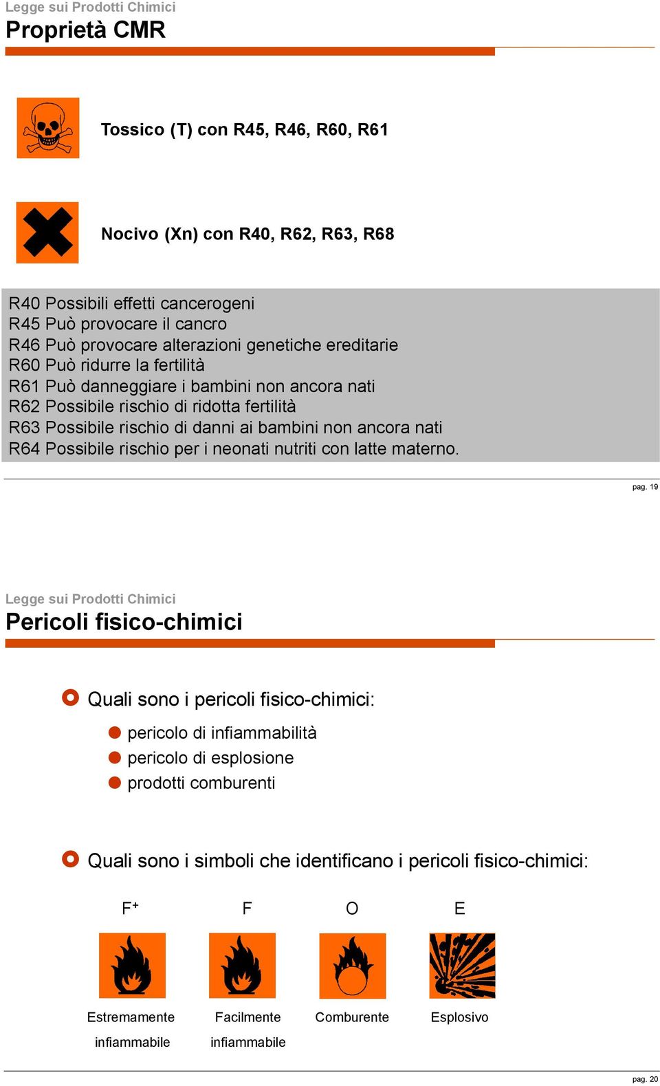 non ancora nati R64 Possibile rischio per i neonati nutriti con latte materno. pag. 19 Pericoli fisico-chimici! Quali sono i pericoli fisico-chimici:! pericolo di infiammabilità!