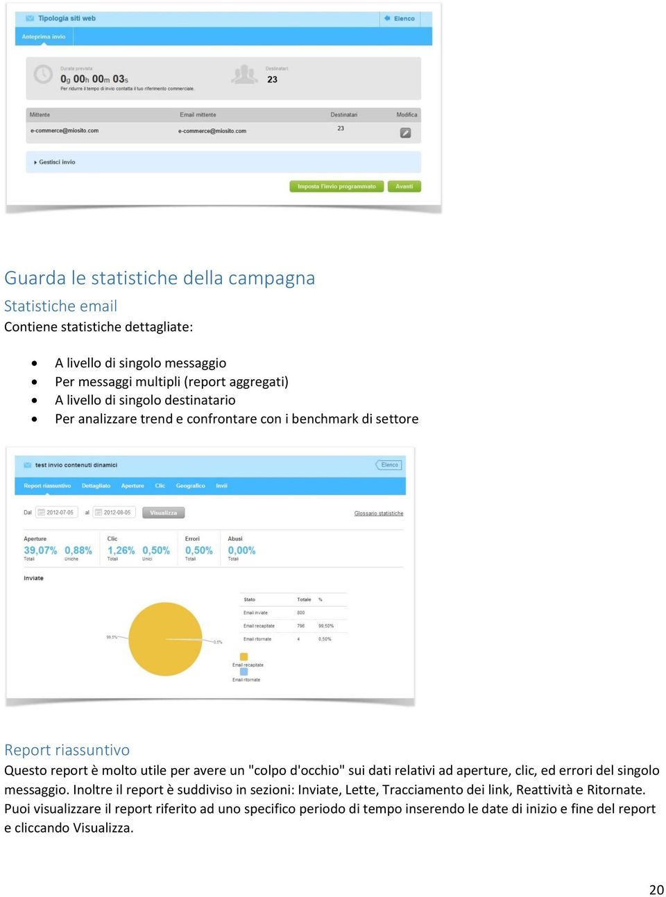 d'occhio" sui dati relativi ad aperture, clic, ed errori del singolo messaggio.