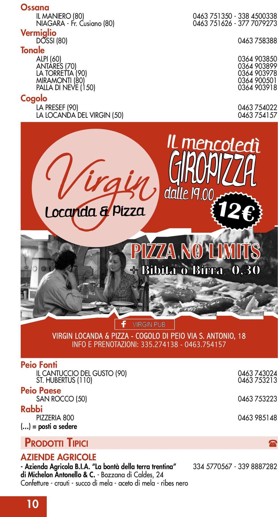 (150) 0364 903918 cogolo LA PRESEF (90) 0463 754022 LA LOCANDA DEL VIRGIN (50) 0463 754157 Il mercoledì GIROPIZZA dalle 19.00 12 peio Fonti IL CANTUCCIO DEL GUSTO (90) 0463 743024 ST.