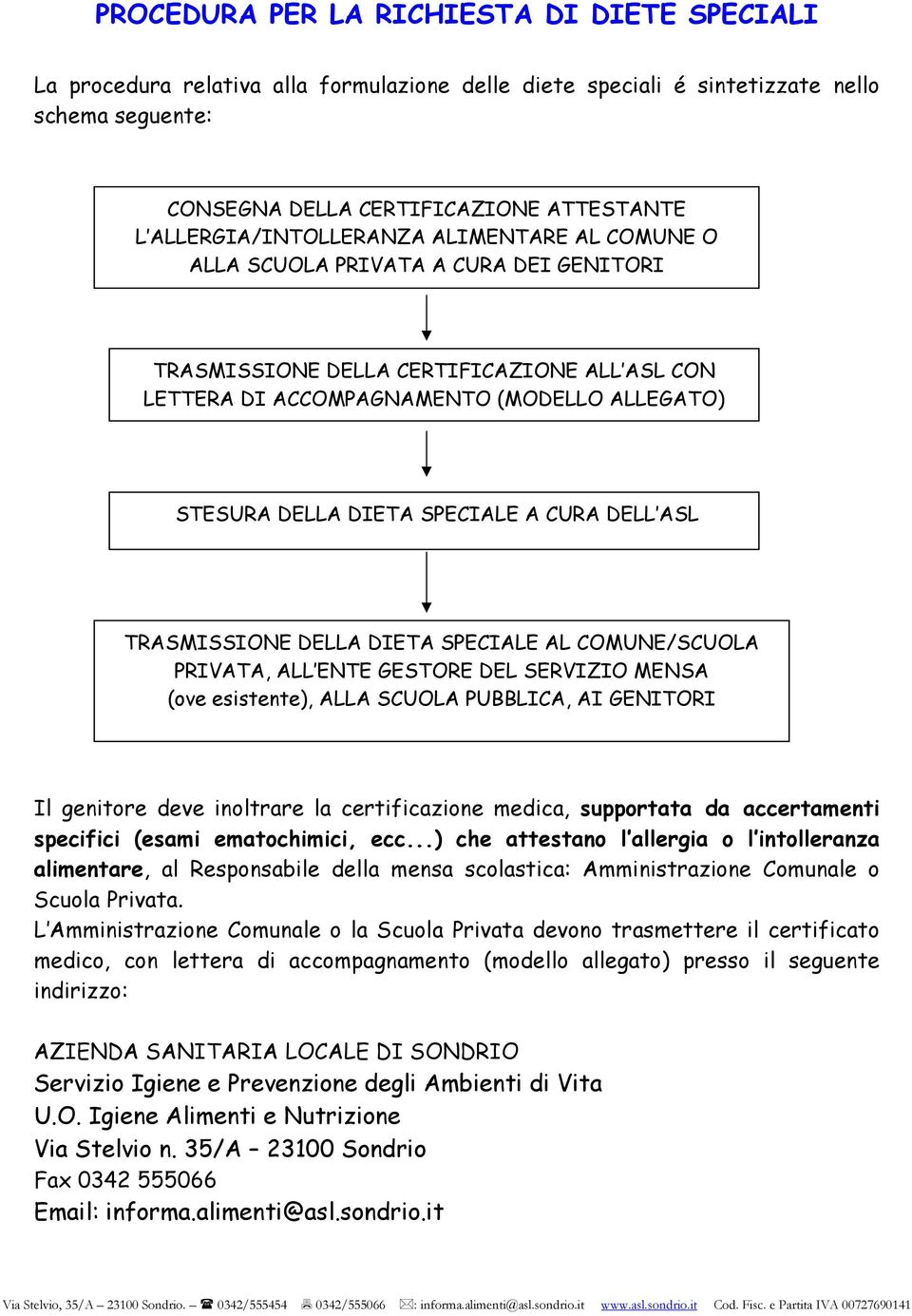 SPECIALE A CURA DELL ASL TRASMISSIONE DELLA DIETA SPECIALE AL COMUNE/SCUOLA PRIVATA, ALL ENTE GESTORE DEL SERVIZIO MENSA (ove esistente), ALLA SCUOLA PUBBLICA, AI GENITORI Il genitore deve inoltrare