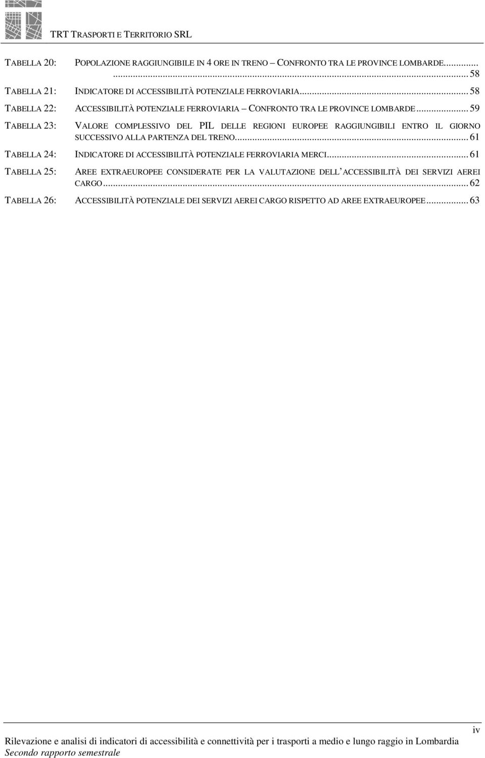 .. 59 TABELLA 23: VALORE COMPLESSIVO DEL PIL DELLE REGIONI EUROPEE RAGGIUNGIBILI ENTRO IL GIORNO SUCCESSIVO ALLA PARTENZA DEL TRENO.