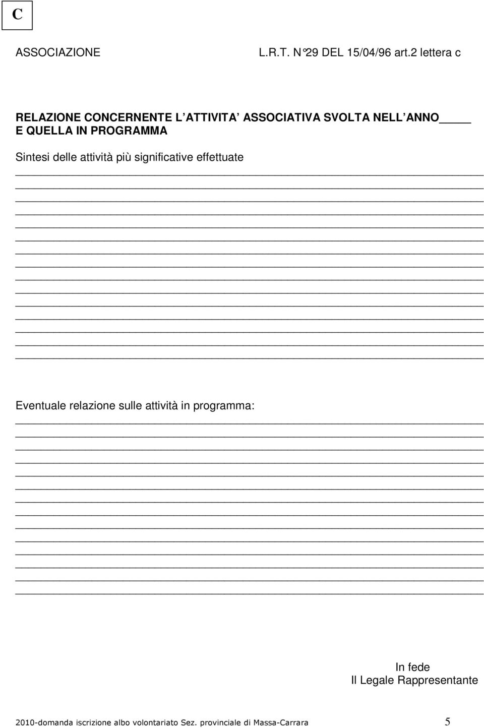 PROGRAMMA Sintesi delle attività più significative effettuate Eventuale relazione sulle