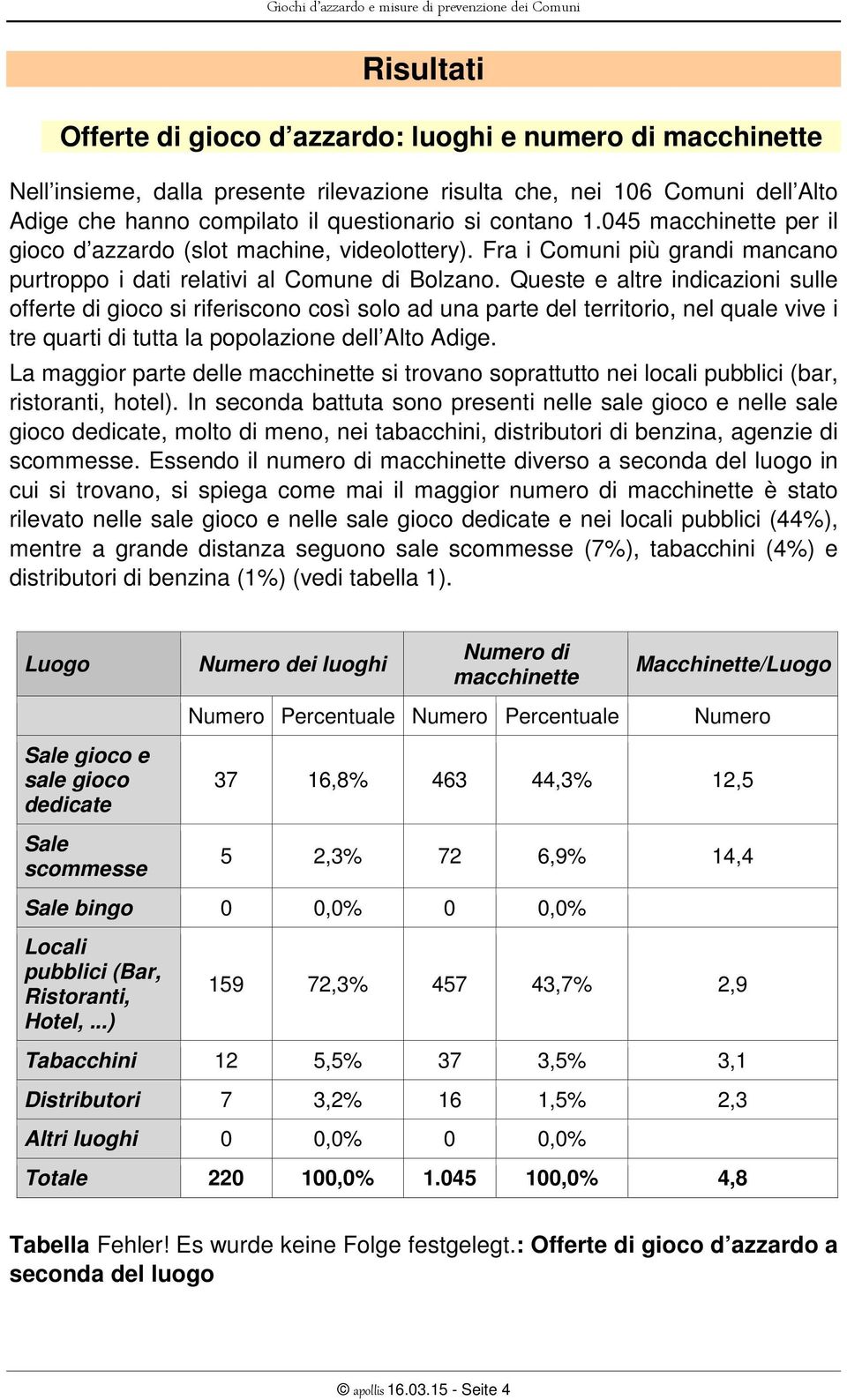 Queste e altre indicazioni sulle offerte di gioco si riferiscono così solo ad una parte del territorio, nel quale vive i tre quarti di tutta la popolazione dell Alto Adige.