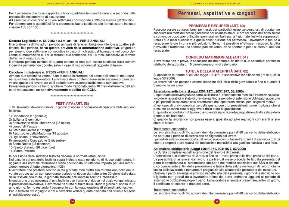 Per determinare le quantità di ferie e permessi basta sostituire alle formule sopra indicate il valore 165 con 130. ****************************** Decreto Legislativo n. 66/2003 e s.i.m. art.