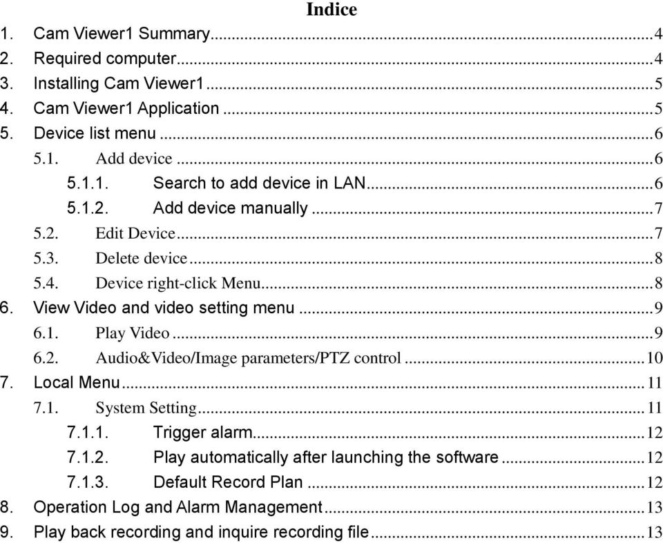 .. 9 6.2. Audio&Video/Image parameters/ptz control... 10 7. Local Menu... 11 7.1. System Setting... 11 7.1.1. Trigger alarm... 12 7.1.2. Play automatically after launching the software.