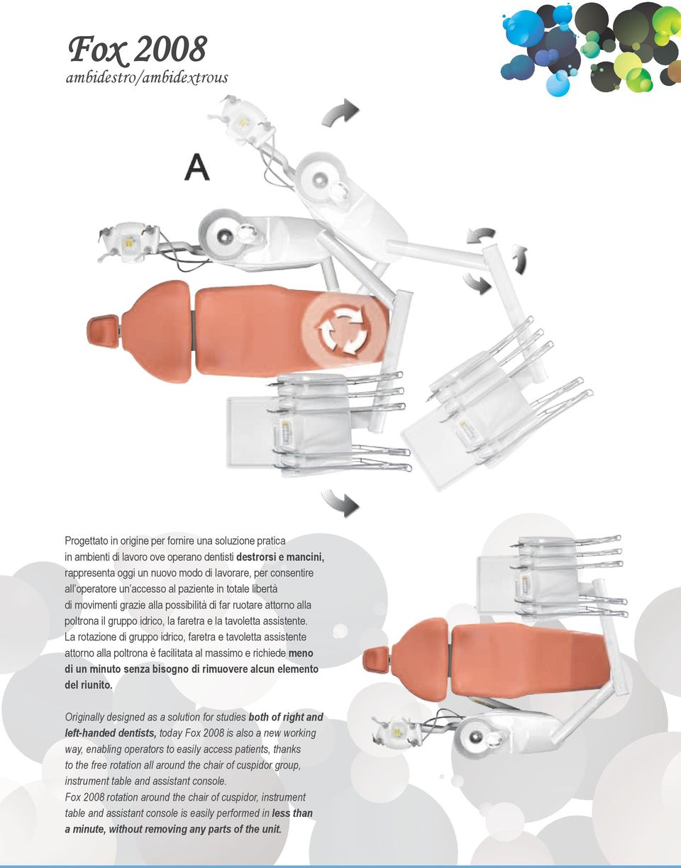 La rotazione di gruppo idrico, faretra e tavoletta assistente attorno alla poltrona è facilitata al massimo e richiede meno di un minuto senza bisogno di rimuovere alcun elemento del riunito.