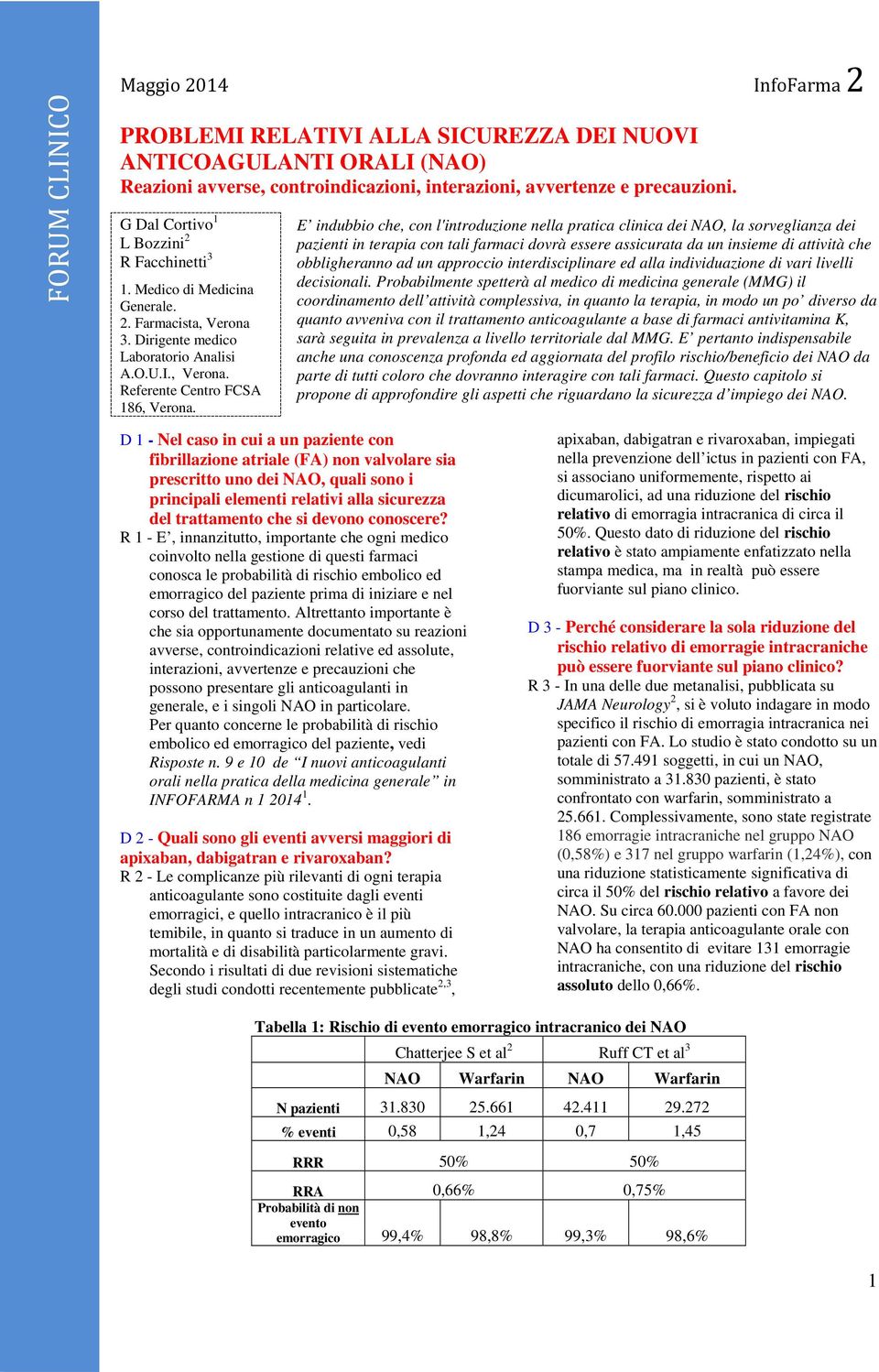 E indubbio che, con l'introduzione nella pratica clinica dei NAO, la sorveglianza dei pazienti in terapia con tali farmaci dovrà essere assicurata da un insieme di attività che obbligheranno ad un