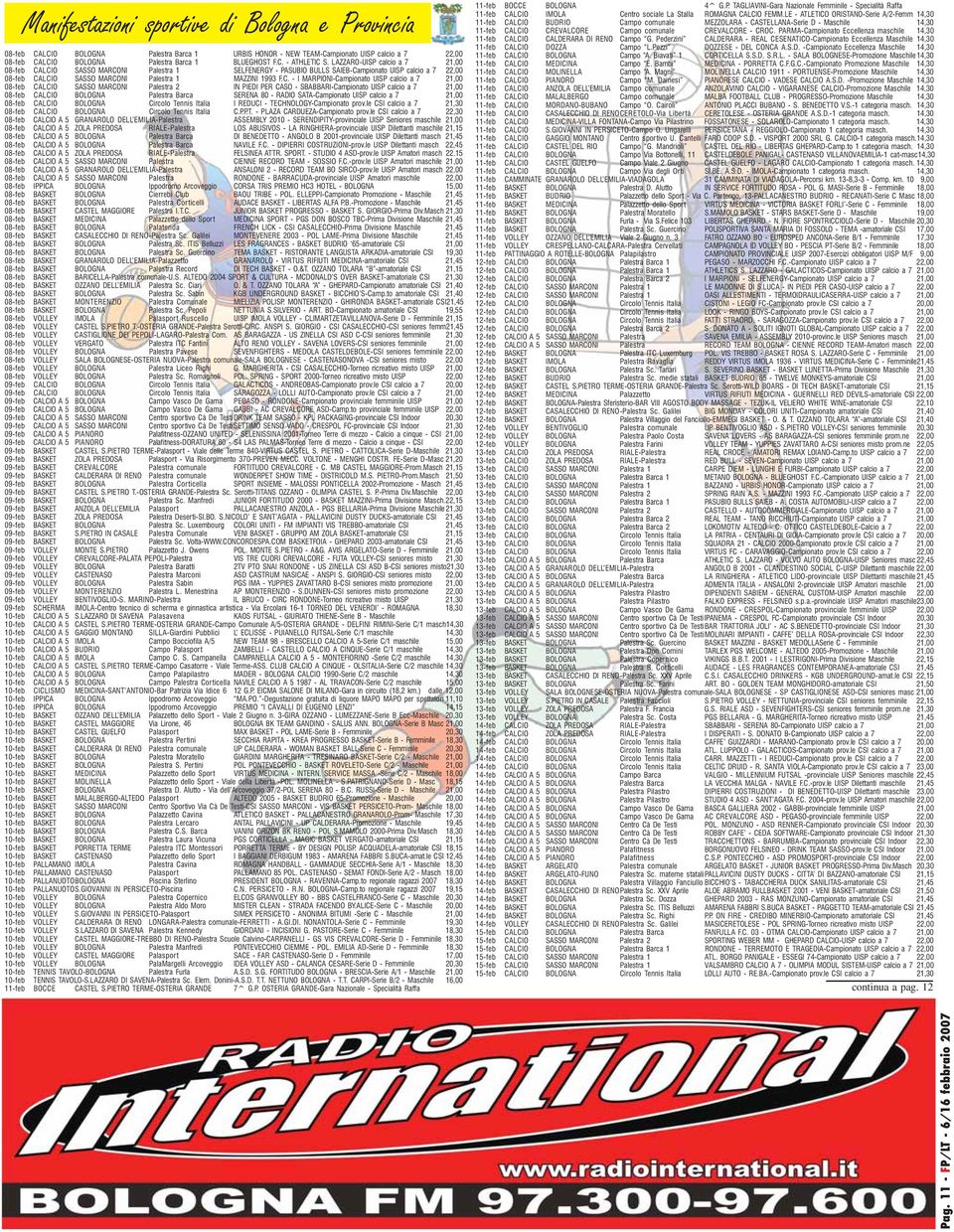 LCIO SASSO MARCONI Palestra 1 SELFENERGY - PASUBIO BULLS SAIEB-Campionato UISP calcio a 7 22,00 08-feb CALCIO SASSO MARCONI Palestra 1 MAZZINI 1993 F.C. - I MARPIONI-Campionato UISP calcio a 7 21,00