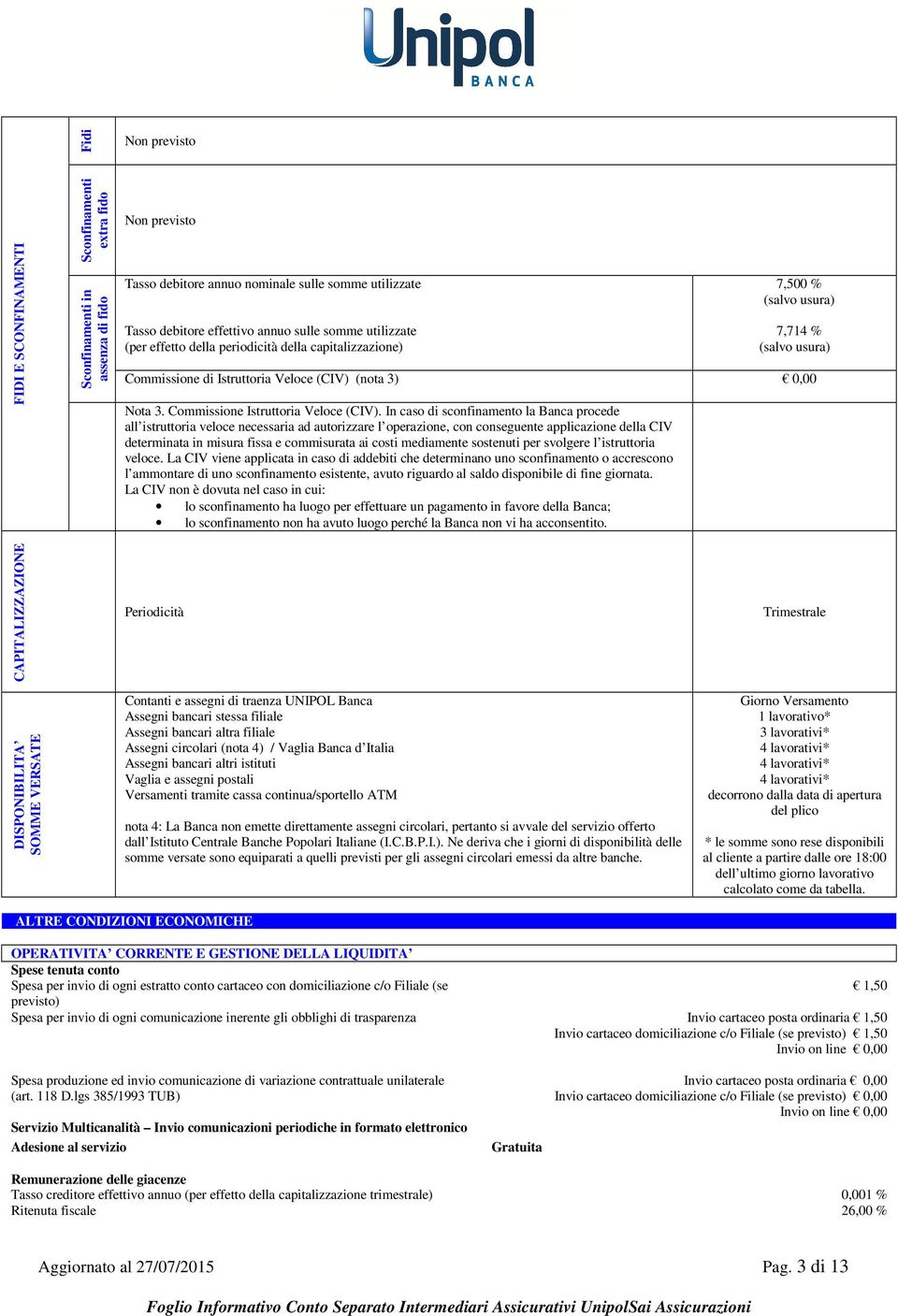 In caso di sconfinamento la Banca procede all istruttoria veloce necessaria ad autorizzare l operazione, con conseguente applicazione della CIV determinata in misura fissa e commisurata ai costi