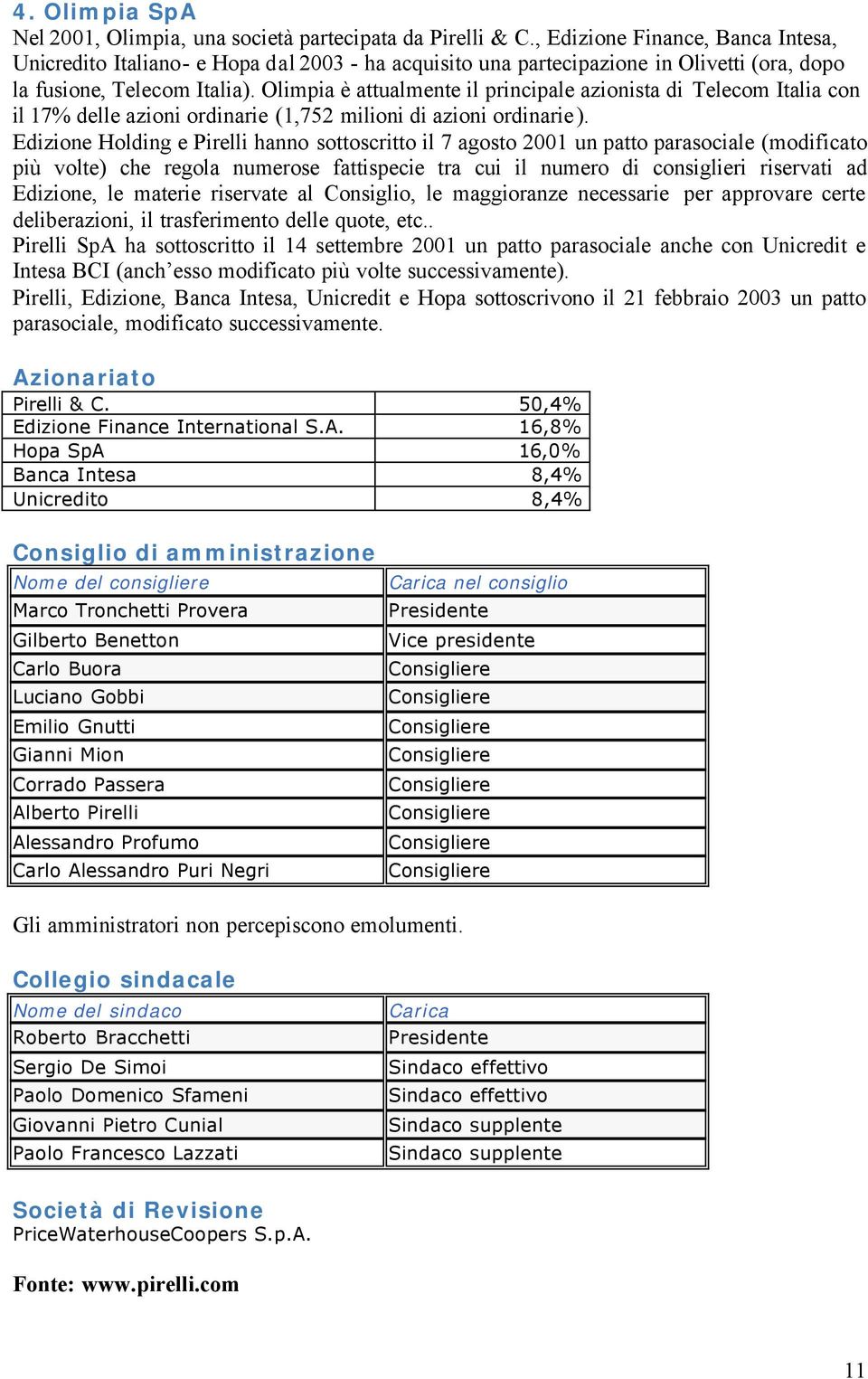 Olimpia è attualmente il principale azionista di Telecom Italia con il 17% delle azioni ordinarie (1,752 milioni di azioni ordinarie).