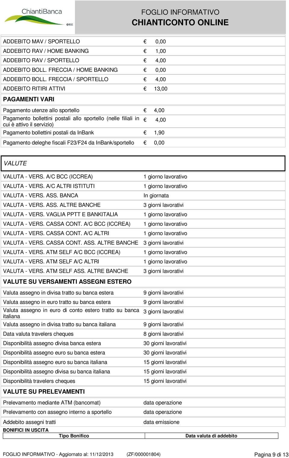 Pagamento bollettini postali da InBank 1,90 Pagamento deleghe fiscali F23/F24 da InBank/sportello VALUTE VALUTA - VERS. A/C BCC (ICCREA) 1 giorno lavorativo VALUTA - VERS.