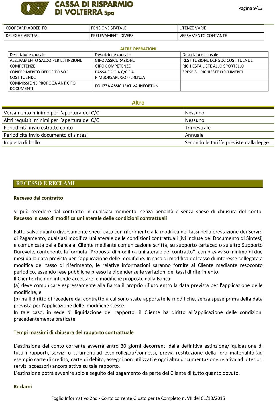 PROROGA ANTICIPO DOCUMENTI POLIZZA ASSICURATIVA INFORTUNI Versamento minimo per l apertura del C/C Altri requisiti minimi per l apertura del C/C Periodicità invio estratto conto Periodicità invio