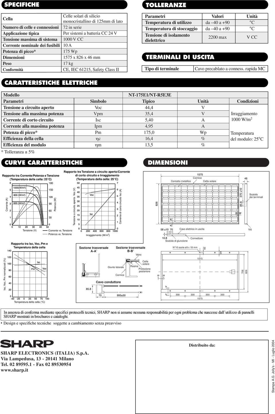 utilizzo da 40 a +90 C Temperatura di stoccaggio da 40 a +90 C Tensione di isolamento dielettrico 20 max V CC TERMINALI DI USCITA Tipo di terminale Cavo precablato a conness.