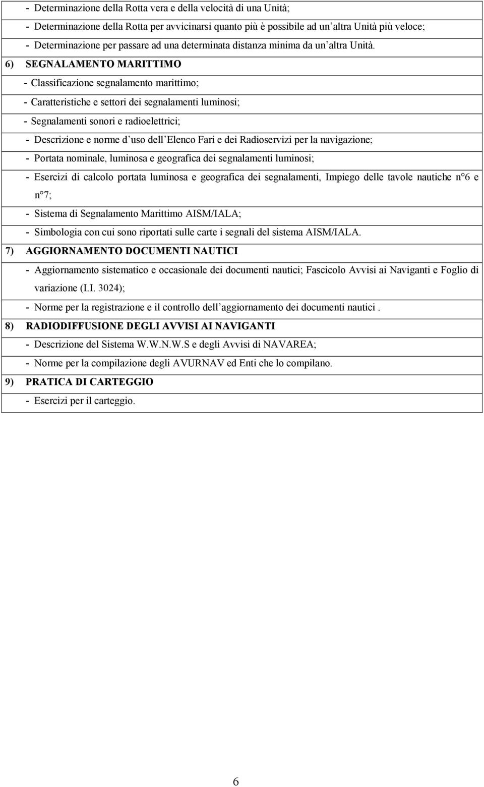 6) SEGNALAMENTO MARITTIMO - Classificazione segnalamento marittimo; - Caratteristiche e settori dei segnalamenti luminosi; - Segnalamenti sonori e radioelettrici; - Descrizione e norme d uso dell