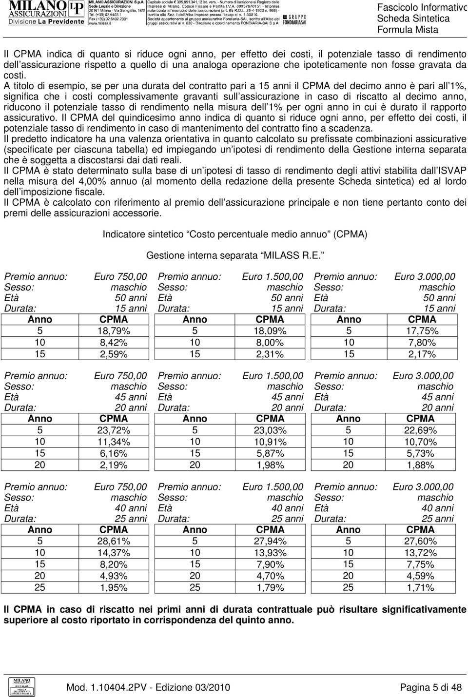 A titolo di esempio, se per una durata del contratto pari a 15 anni il CPMA del decimo anno è pari all 1%, significa che i costi complessivamente gravanti sull assicurazione in caso di riscatto al