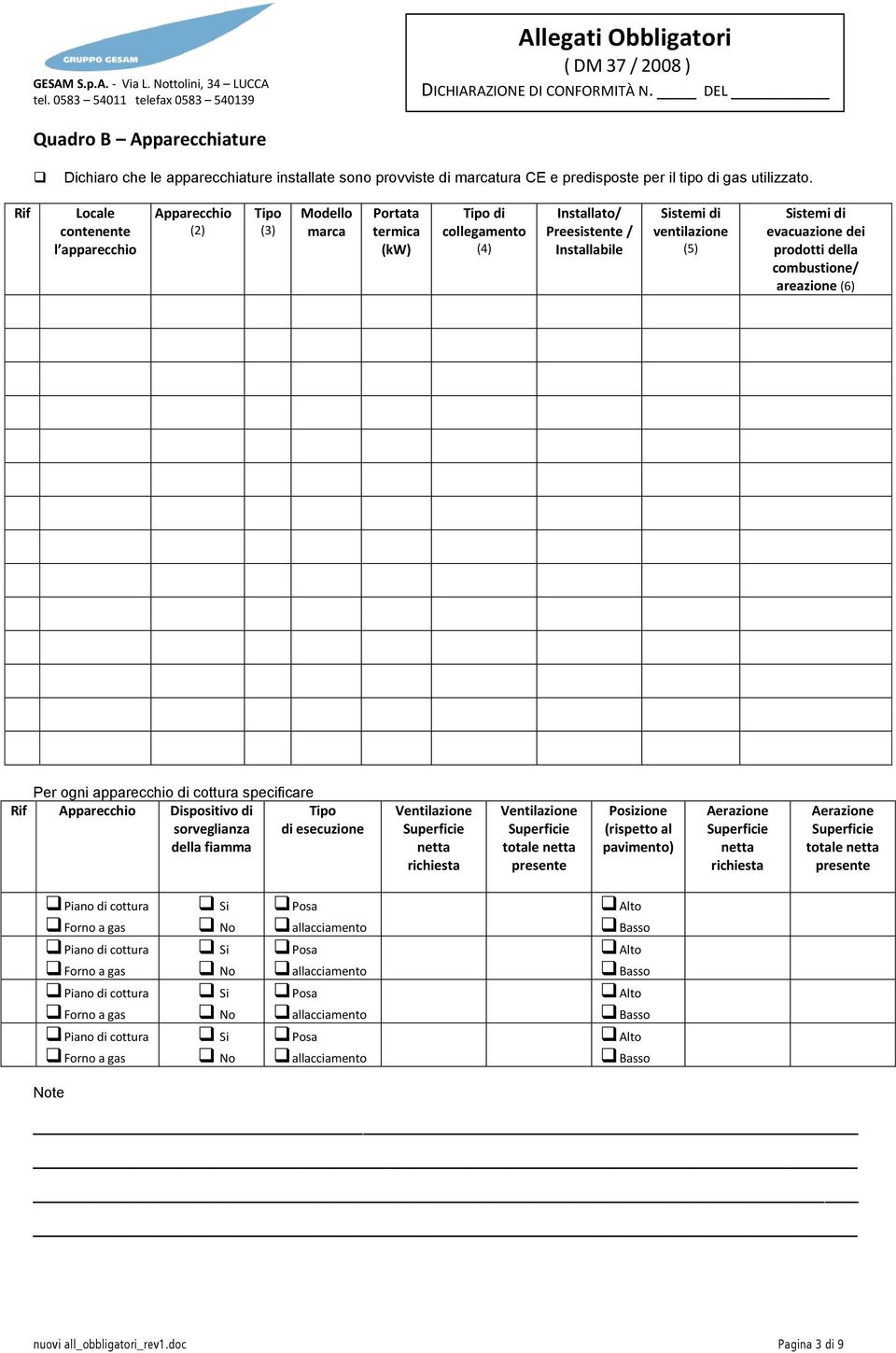 evacuazione dei prodotti della combustione/ areazione (6) Per ogni apparecchio di cottura specificare Rif Apparecchio Dispositivo di sorveglianza della fiamma Tipo di esecuzione Ventilazione