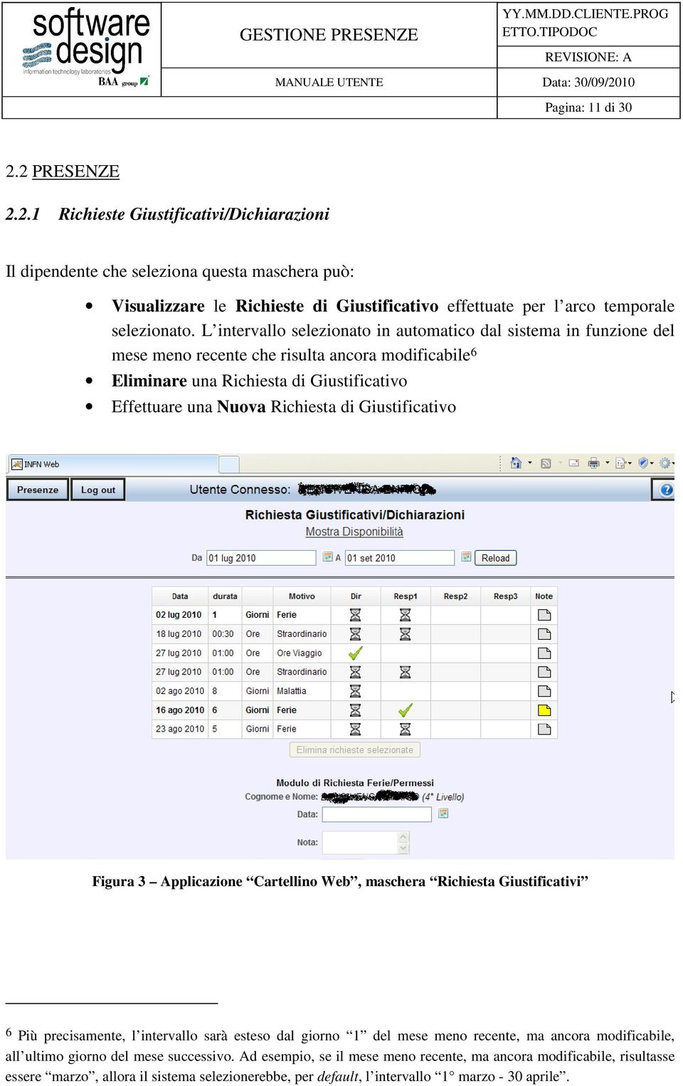 Giustificativo Figura 3 Applicazione Cartellino Web, maschera Richiesta Giustificativi 6 Più precisamente, l intervallo sarà esteso dal giorno 1 del mese meno recente, ma ancora modificabile, all