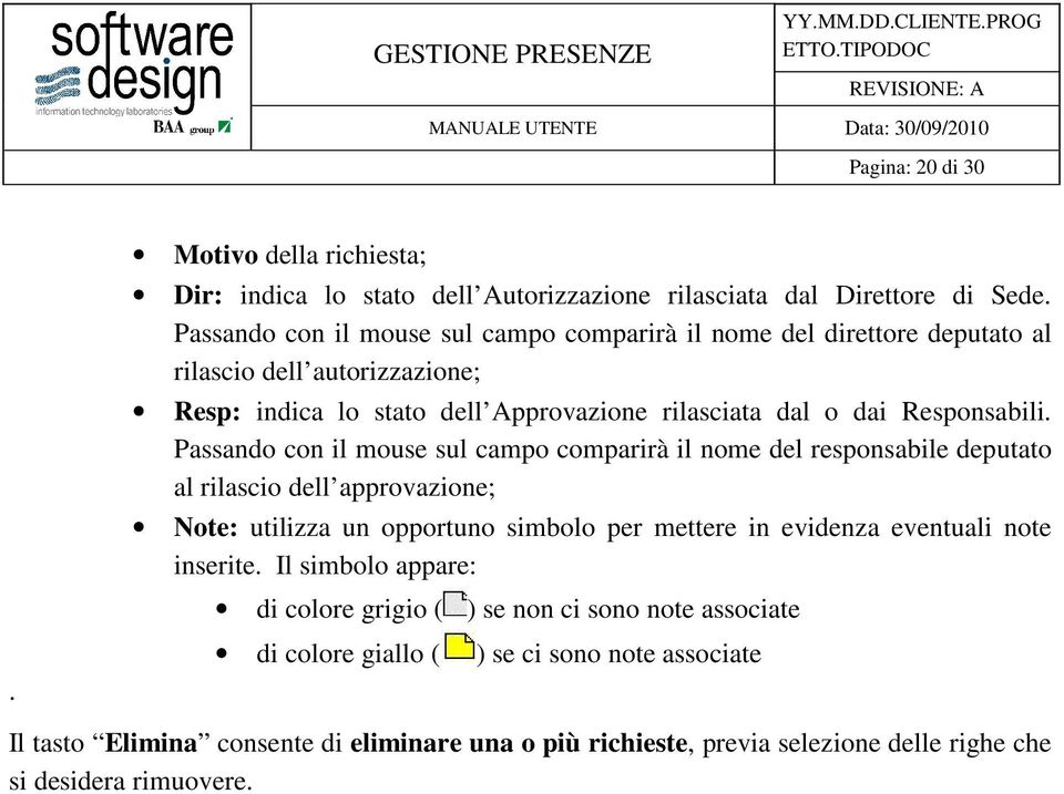 Passando con il mouse sul campo comparirà il nome del responsabile deputato al rilascio dell approvazione; Note: utilizza un opportuno simbolo per mettere in evidenza eventuali