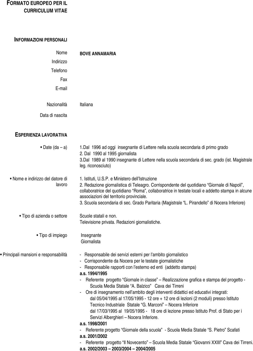 Dal 1990 al 1995 giornalista 3.Dal 1989 al 1990 insegnante di Lettere nella scuola secondaria di sec. grado (ist. Magistrale leg. riconosciuto) 1. Istituti, U.S.P. e Ministero dell Istruzione 2.