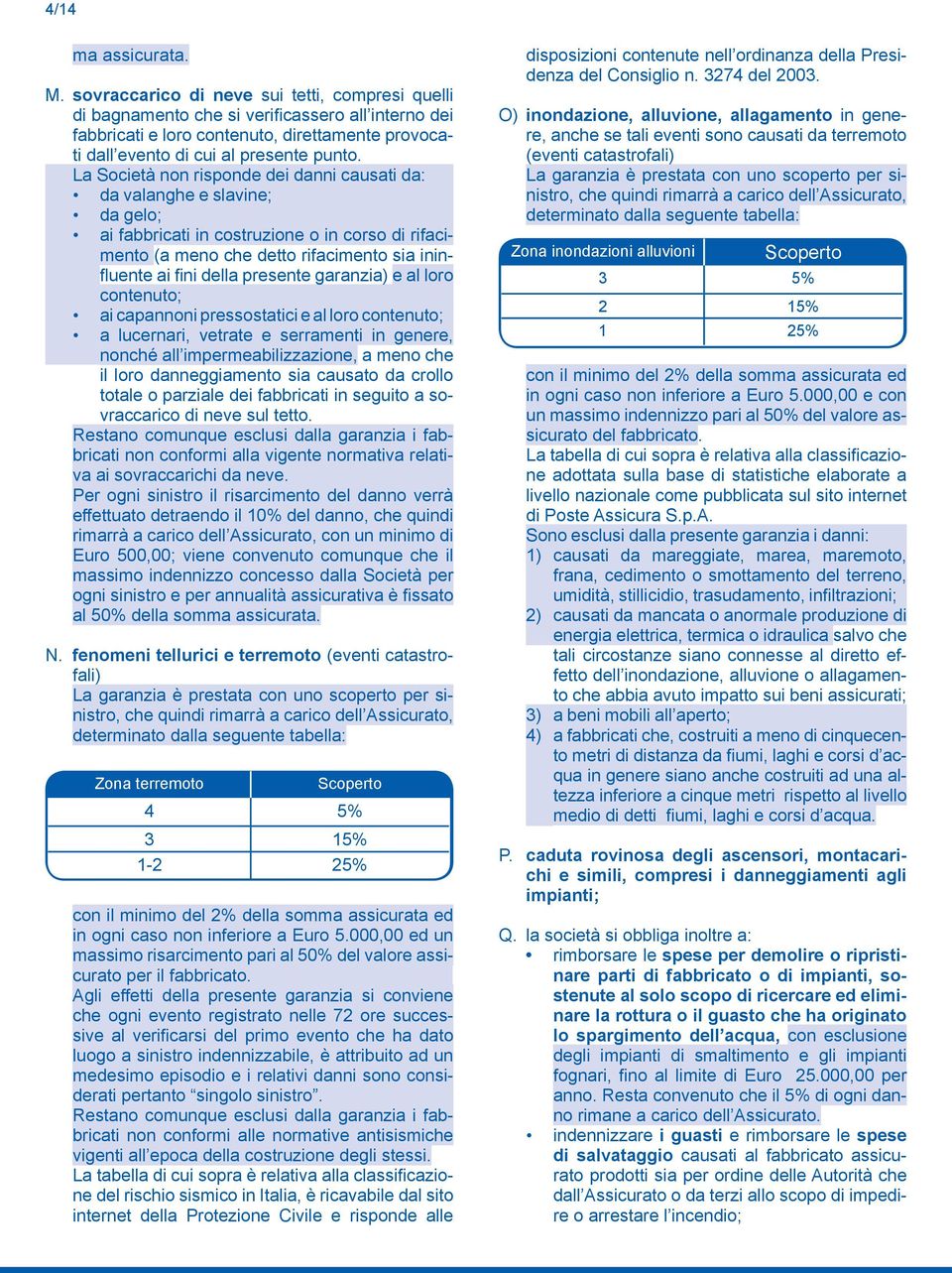 La Società non risponde dei danni causati da: da valanghe e slavine; da gelo; ai fabbricati in costruzione o in corso di rifacimento (a meno che detto rifacimento sia ininfluente ai fini della