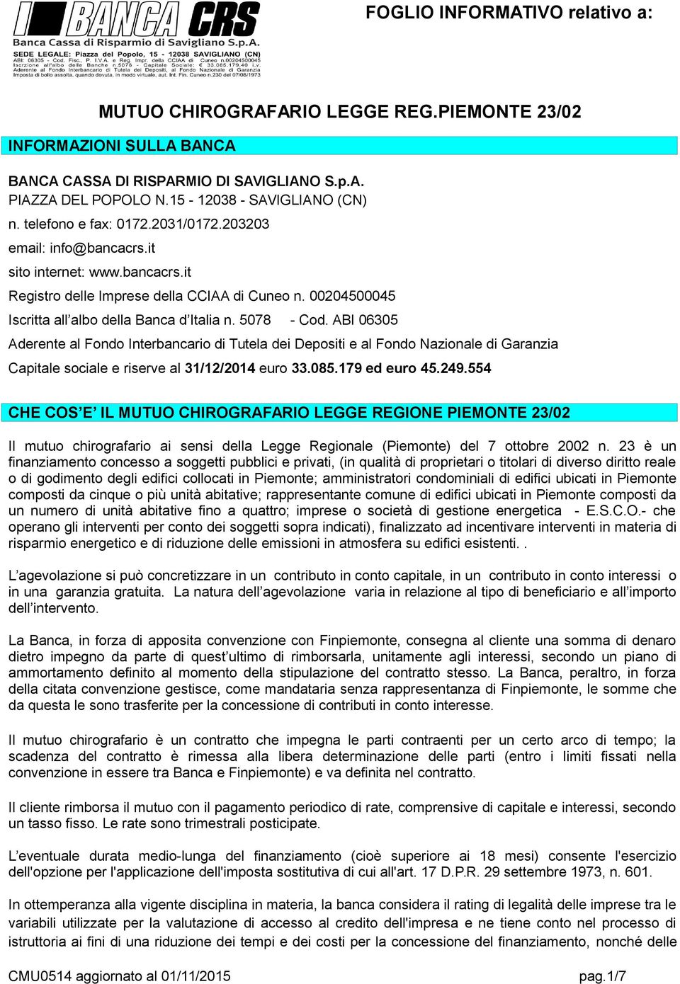 5078 - Cod. ABI 06305 Aderente al Fondo Interbancario di Tutela dei Depositi e al Fondo Nazionale di Garanzia Capitale sociale e riserve al 31/12/2014 euro 33.085.179 ed euro 45.249.