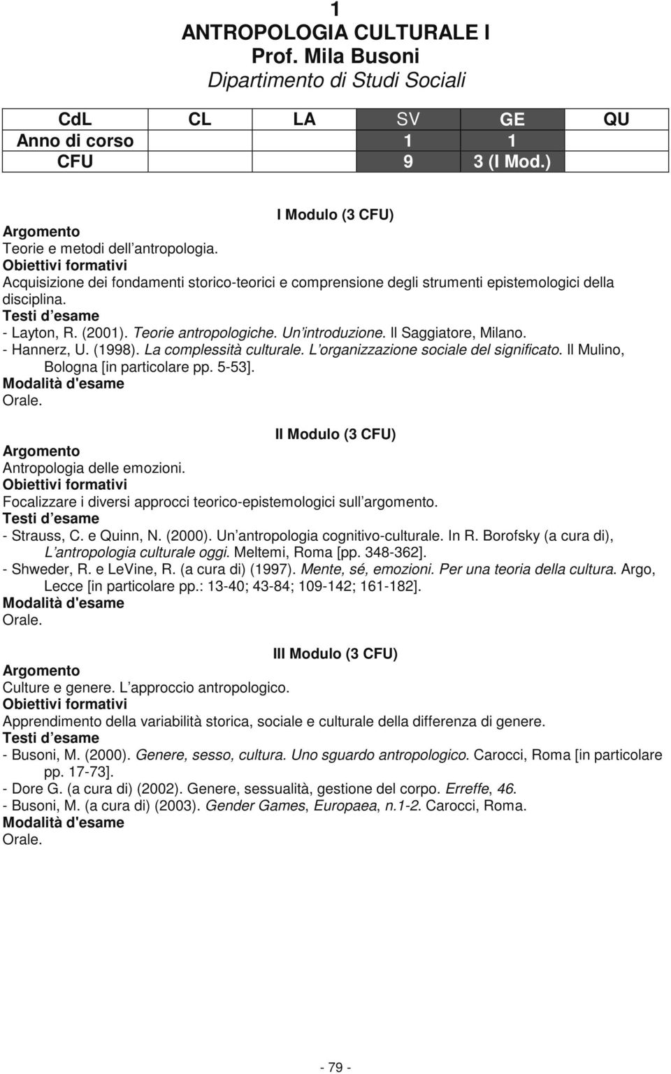 - Hannerz, U. (1998). La complessità culturale. L organizzazione sociale del significato. Il Mulino, Bologna [in particolare pp. 5-53]. Orale. I Antropologia delle emozioni.